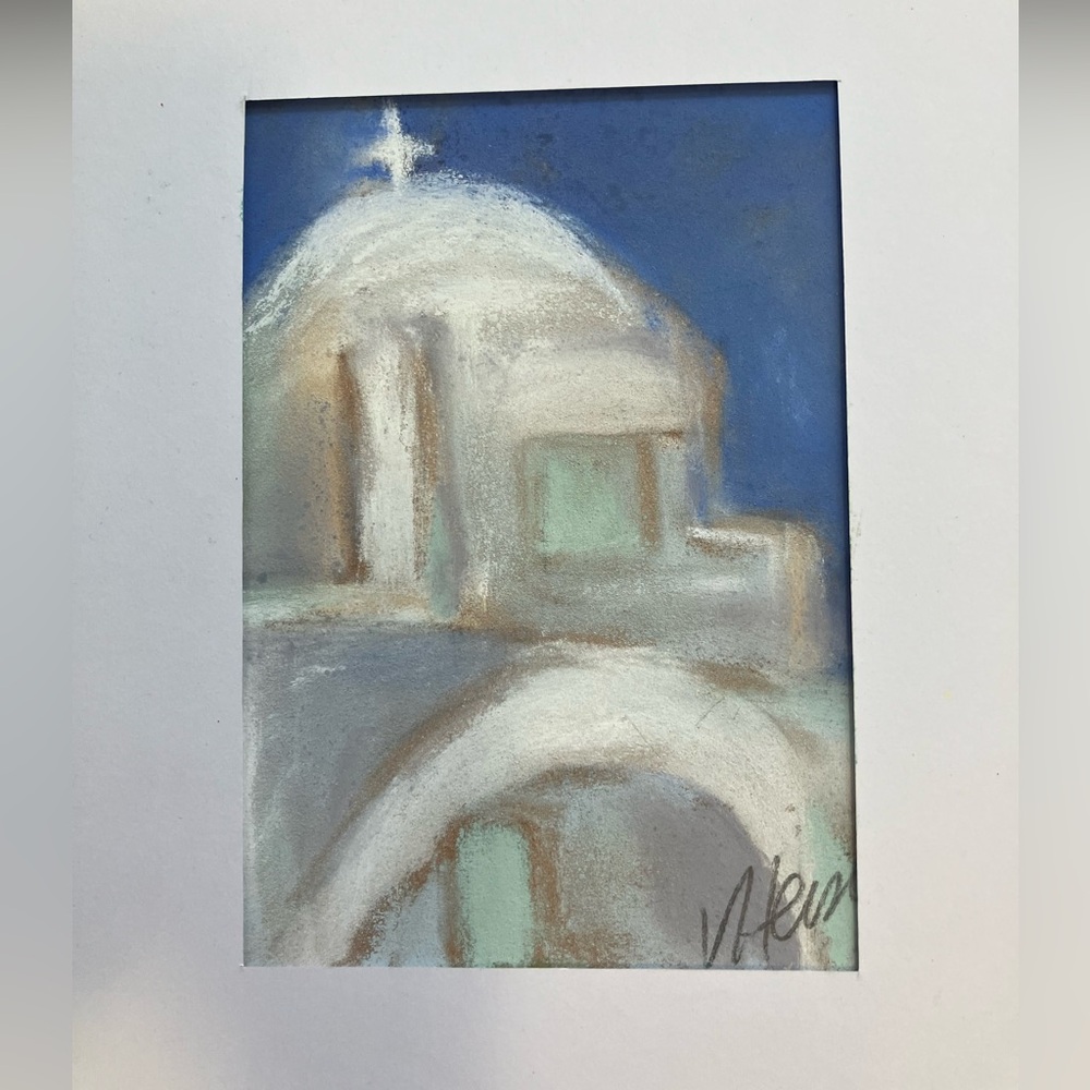 Mykonos Church “An Original Pastel Painting Matted 5"x7"